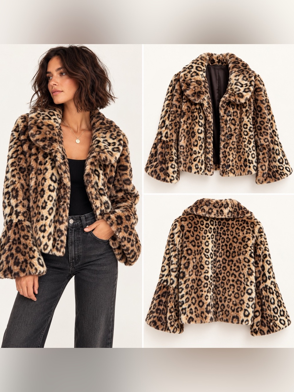 Melody Leopard Faux Fur Jacket M/L Y2K Bell Sleeve Cropped Coat